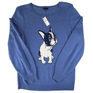 Talbots Womens Blue French Bulldog Intarsia Knit Crewneck Sweater Size S NWT